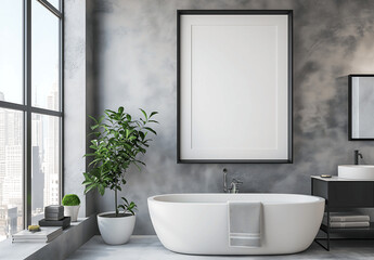 Fototapeta premium Modern bathroom with a freestanding white bathtub and an empty poster frame mock-up on a textured gray wall. Natural light streams through large windows