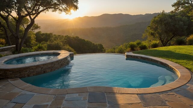 stock photography custom pool shape with a morning view