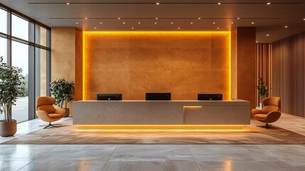 A warm-toned minimalist office reception area with sleek lines and comfortable furniture.