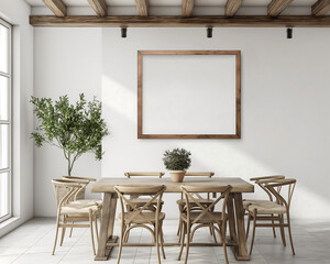 Rustic dining room with a wooden table and chairs, featuring an empty poster frame mock-up on the wall. Natural light from large windows