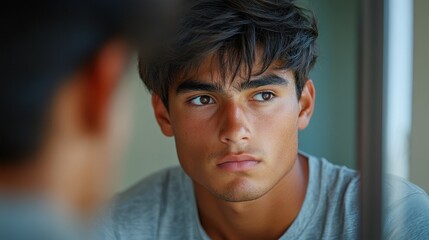 Portrait of Hispanic Teenager Contemplating in Mirror, Expressing Anxiety and Inner Turmoil - Mental Health Awareness in Young Men Concept
