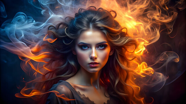 A girl of smoke, her smoldering eyes and billowing hair creating an otherworldly aura.