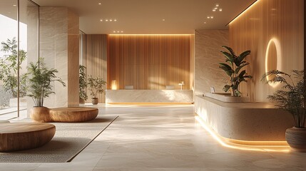 A bright, minimalist reception area with warm tones and natural materials.