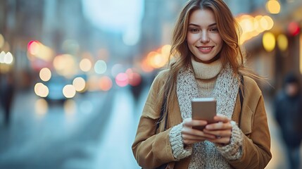 A young woman wearing a brown jacket and a white sweater smiles while looking at her phone on a city street with blurred lights in the background.