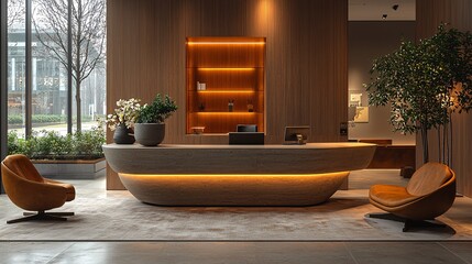 A sleek, minimalist enquiry desk in a warm, cozy corner of a contemporary office.