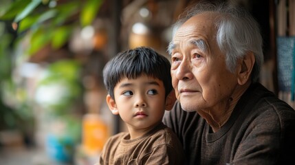 Fototapeta premium Connecting Generations: Asian Elderly Man sharing Heartfelt Conversation with Grandson, Mental Health Support through Generational Wisdom