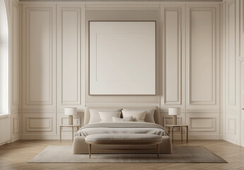 Elegant modern bedroom with an empty poster frame mock-up above a beige bed. The sophisticated design features neutral tones, a classic wall paneling backdrop, and soft lighting