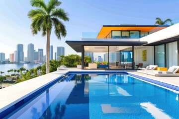 Fototapeta premium Sparkling Pool Retreat in a Modern Sophisticated Home - Generative Ai. Beautiful simple AI generated image
