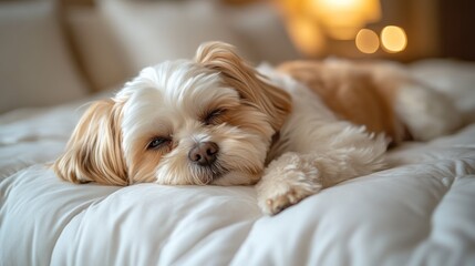 A cozy dog resting on a soft bed with warm lighting.