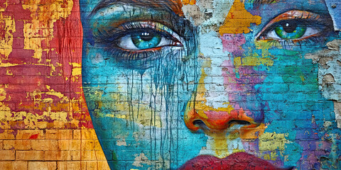 Tearful Tapestry: A colorful mural on the side of a crumbling brick building, its vivid hues fading in the harsh sunlight.