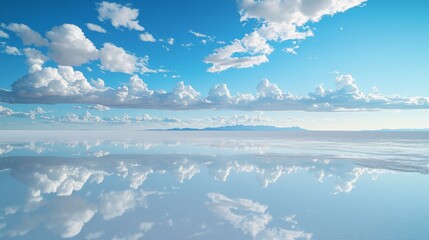 Surreal Beauty of Salar de Uyuni: Vast Salt Flats Creating a Mirror Effect Under Clear Skies in Bolivia