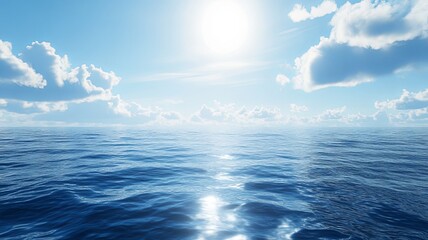 Fototapeta premium Blue ocean seawater surface with sky, clouds and sunshine, summer background concept 