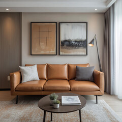 Fototapeta premium Modern living room interior with comfortable sofa and armchair, perfect for relaxing at home