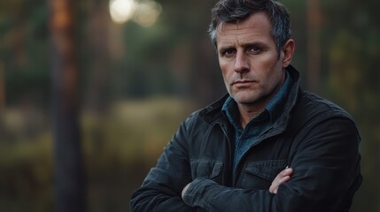 Contemplative Caucasian Man in His 40s Standing in Dusk Forest, Reflecting on Mental Health and Solitude