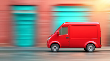 Red delivery van driving through colorful city street