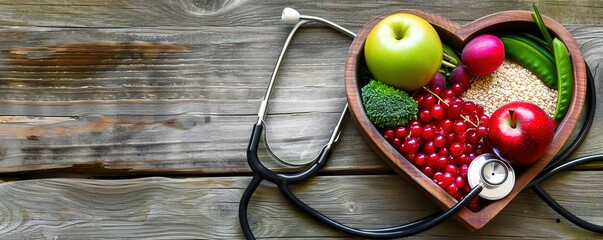 A heart shaped bowl filled with fresh fruits, vegetables, and grains, with a stethoscope, symbolizing the importance of healthy eating for a healthy heart.