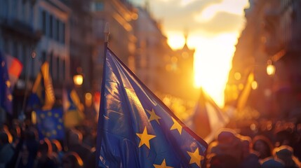 European Flags Sunset Demonstration Crowd Unity Patriotism Activism Outdoors Celebration Politics | AI Generated