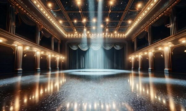 Theater stage showcase with multiple lights setup background for title, presentation, reveals, intro, outro and visual graphics, zooming in
