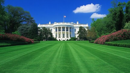 Fototapeta premium Iconic White House in Washington D.C. with Pristine Front Lawn under Clear Sky