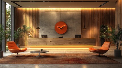 A sleek, minimalist office reception with warm colors and natural textures.