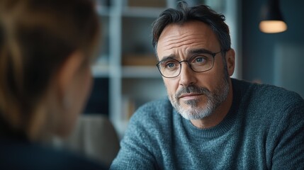 Obraz premium Seeking Help: Middle-Aged Man in Therapy - Breaking Mental Health Stigma