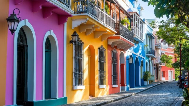 Fototapeta Charm of Old San Juan: Colorful Colonial Buildings and Cobblestone Streets in Vibrant Historic District of Puerto Rico