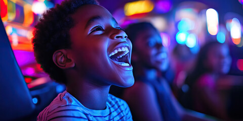 Frenzied Frenzy: An indoor arcade packed with flashing lights and blaring noises, kids laughing and shouting in excitement.