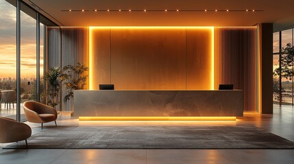 A minimalist reception desk in a warm, earthy color scheme, with modern decor.