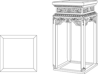 Vector sketch illustration of the silhouette of a furniture design, table and chairs, full of ornate carving ornaments, vintage, classic, ethnic, traditional, modern, Chinese 