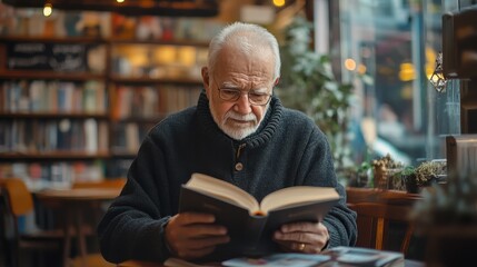Contemplative Senior Man Embracing Self-Reflection with Self-Help Book in Cozy Cafe - Mental Health Awareness Concept