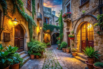 Fototapeta premium Mystic Old Town: Ancient ruins, labyrinthine alleyways, hidden courtyards, atmospheric streets, whispers of the past