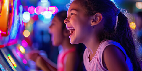 Frenzied Frenzy: An indoor arcade packed with flashing lights and blaring noises, kids laughing and shouting in excitement.