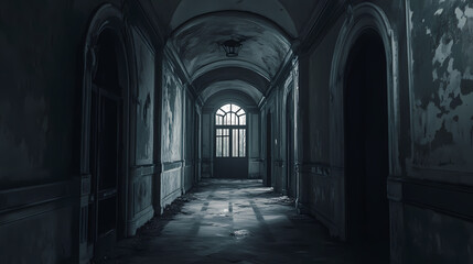 Dark hallway room in the inside of a gothic dark abandoned castle. Abandoned Building. Illustration