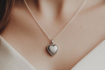 Close-up of a woman wearing a heart-shaped pendant necklace, showcasing elegance and simplicity in a delicate style.