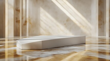 A geometric, low-profile stage with a white matte finish, positioned in a luxury room with walls that feature subtle, with shiny marble floor with golden color intricate textures. Light pours