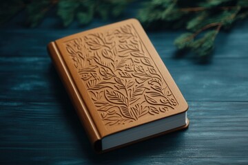 Fototapeta premium Elegant leather-bound book with intricate embossed cover design on a wooden table, perfect for a sophisticated reading or writing setup.