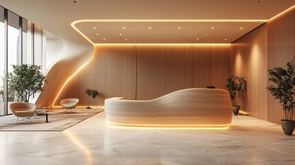 An open space with a minimalist enquiry desk, highlighted by warm wood and soft lighting.