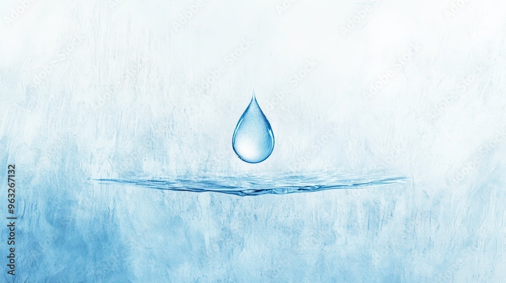 Poster The design showcases a single drop of water hovering above a calm surface, representing hydration and freshness in a serene setting. Generative AI