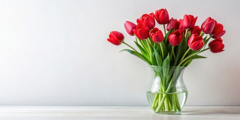 Vibrant red tulips in a clear glass vase on a white background, red, tulips, vase, flowers, floral, arrangement, vibrant