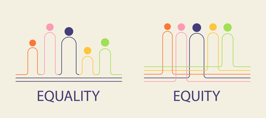 Equity vs. Equality concept. Abstract people on different starting positions to reach an equal outcome. Vector illustration