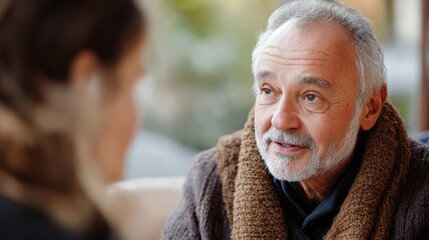 Senior man discussing mental health with counselor in comfortable office setting, highlighting importance of elderly mental care