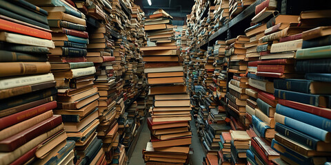 Fototapeta premium Quiet Calamity: A library, its stacks of books reaching for the ceiling, yet devoid of patrons and the hum of study.