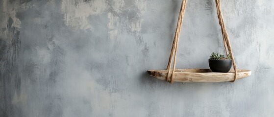 Hanging wooden shelf with a potted plant against a textured gray wall