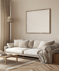 Modern living room with a soft beige sofa, empty poster mock-up frame on the wall, and cozy textiles, bathed in warm natural light