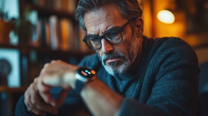 Overwhelmed Middle-Aged Man Managing Notifications on Smartwatch, Work-Life Imbalance Concept