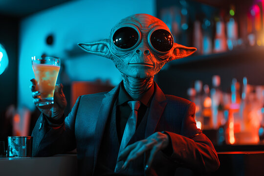 A humanoid alien wearing a suit and sunglasses sits at a bar, holding a glass of beer.