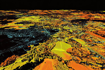 Technical aerial visual, 3D LiDAR GIS aerial map satellite scan model isolated, showing Toowoomba, Australia . Elevation, topography, render