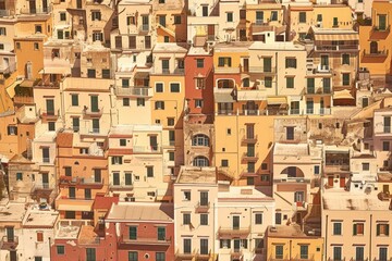Naklejka premium Warm-hued facade of an old apartment building with multiple air conditioners and cables, Tel Aviv, Israel. Beautiful simple AI generated image