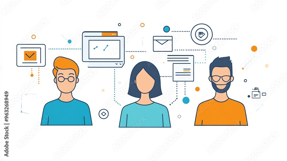 Poster teamwork and collaboration concept with three people connected by lines and icons.