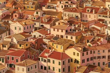 Fototapeta premium Barcelona dwelling houses rooftops, Spain. 4K pan video, tilt-shift lens miniature effect. Beautiful simple AI generated image